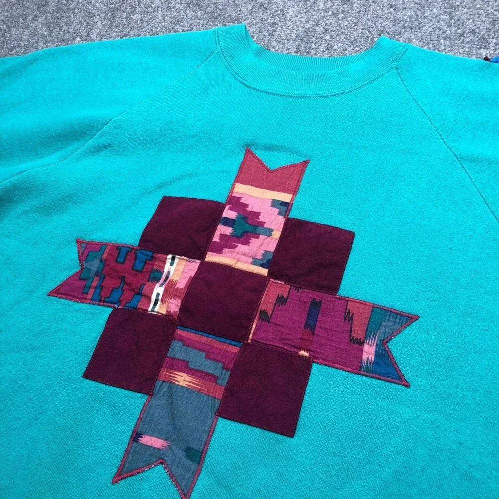 Vintage Teal Southwestern Patchwork Sweatshirt Womens Large USA